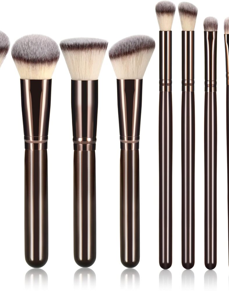 10 Piece Black brown Makeup Brushes - Wooden Handle with Soft Synthetic Bristles,for Face & Eye Makeup|Professional Makeup Brushes set for Women & Girls|
